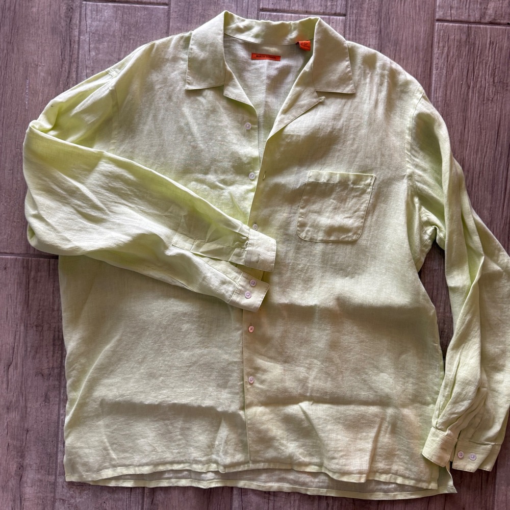 Martin Gordon Mens XL Linen Long Sleeve Button Down Shirt Lime Green Camp Collar